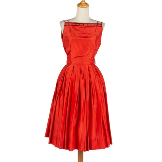 50s Red Orange Boatneck Dress | Bust 34" | VTG Vin