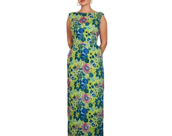1960s Green and Blue Floral Dress | Beaded | Vintage