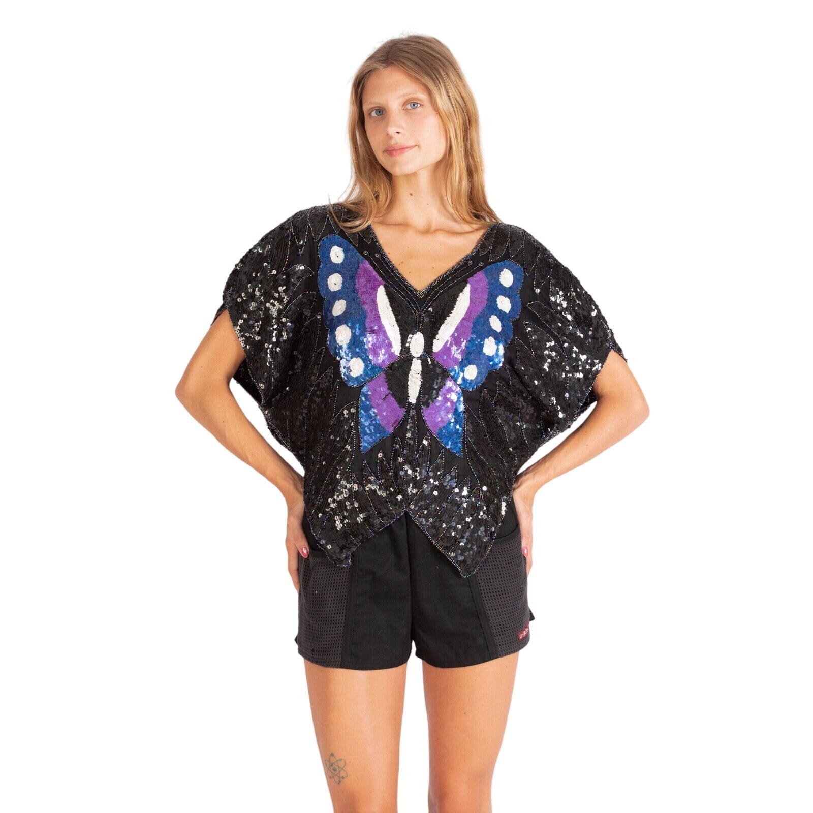 1980s Sequin Butterfly Top | Black | Purple Butterfly | Vintage