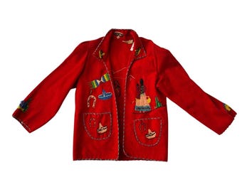 1940 年代の赤いウール ジャケット | メキシコ製 | 子供用 | 刺繍入り | ヴィンテージ