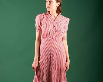 1940s Red and White Pin Striped Dress | Medium | Vintage VTG