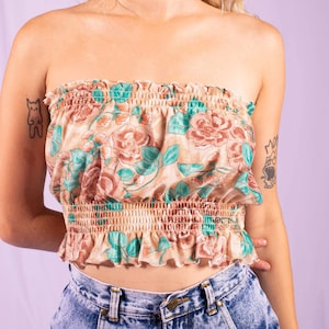 70s Strapless Gathered Floral Print Tube Top | Bust 32 | Waist 27 | Small | Vintage VTG