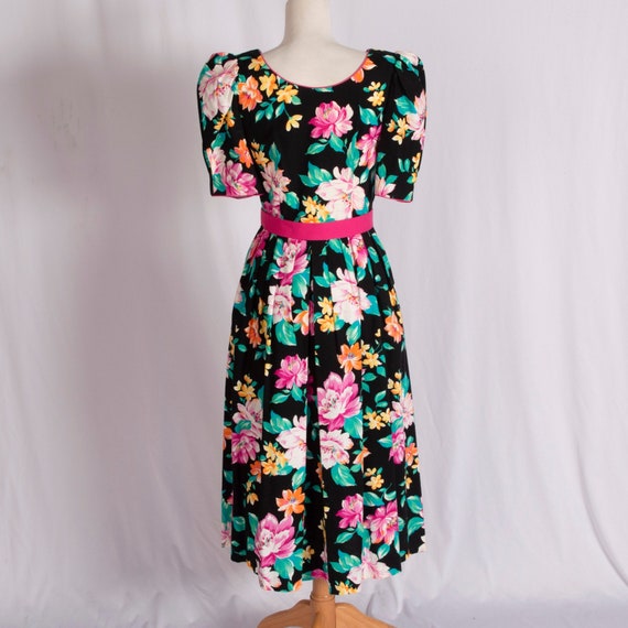 1980s Black Floral Dress | Bust 32
