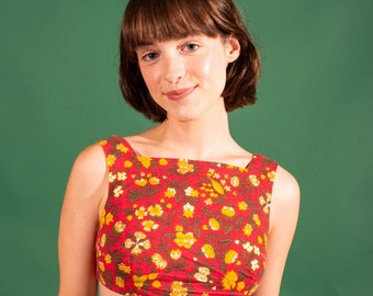 1960s Sun Top | Red Floral Crop Top | Small | Bust 36 | Waist 30 | Vintage VTG