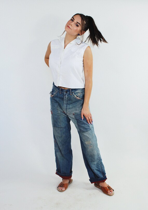 1950s Mens Patched Denim Jeans | Size Small | Wais