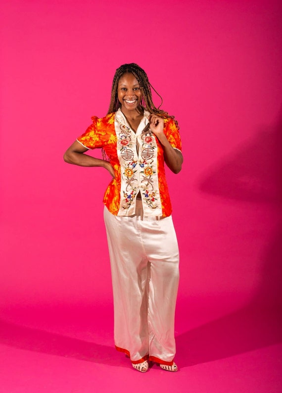 1930s Red Chinoiserie Beach Pajama Set | Bust 36"… - image 1