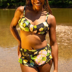 1960s Black Floral Bikini | Small | Saks Fifth Avenue | VTG Vintage