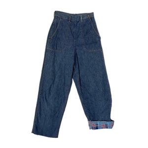 1950s Vintage Mens Cotton Plaid Flannel Lined Denim Jeans 36