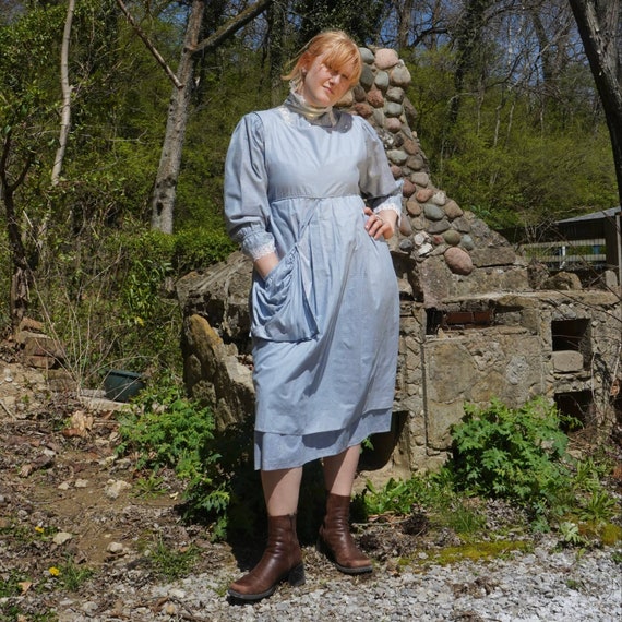70s Light Blue GUNNE SAX Prairie Dress and Pinafore| … - Gem