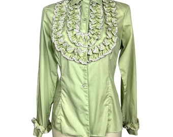 1960s Green Ruffle Pearl Snap Shirt | Bust 36 | Vintage