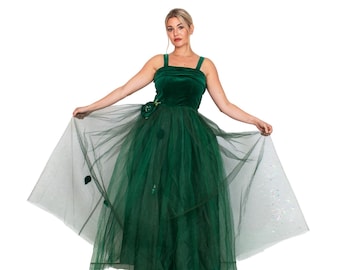 1950s Green Velvet Gown Tulle Skirt Maxi Dress Vintage