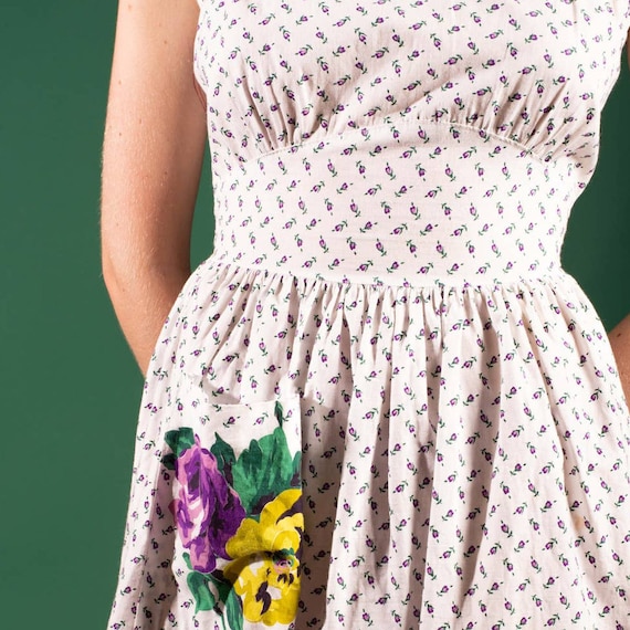 1950s White and Purple Floral Print Dress | XS | … - image 2