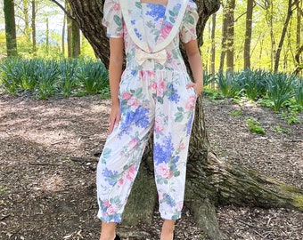 80s Pastel Floral Jumpsuit | Bust 36-38 | Vintage