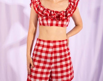 1950s Inspired Red and White Gingham Crop Top & Shorts Set