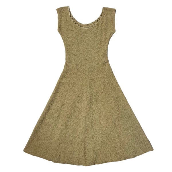 1950s Tan Knit Dress | Small | Bust 32 | Waist 24-28 | Vintage