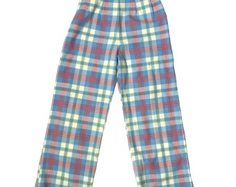 1970s Plaid Wide Leg Pants | Waist 28" | Blue and Pink Plaid | Vintage
