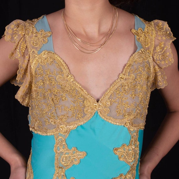 90s Blue & Gold Lace Dress | Bust 34" | VTG Vinta… - image 4