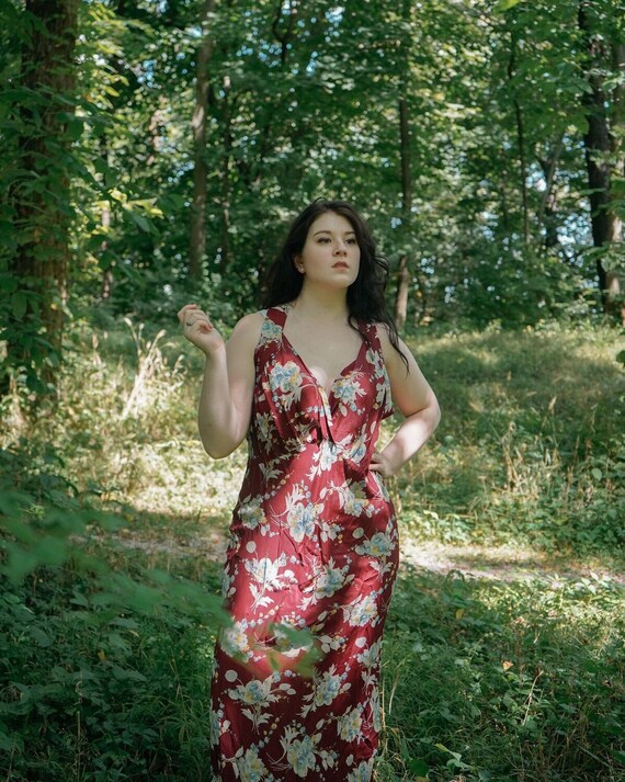 1930s Plum Rose Bouquet Print Bias Cut Halter Dres
