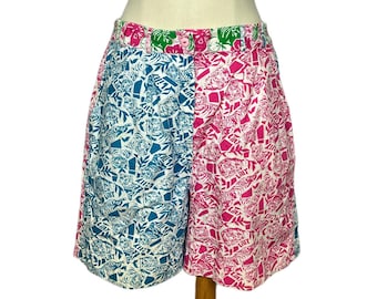 Short Lilly Pulitzer des années 90 | Imprimé tigre fantaisie bleu et rose | Tour de taille 32 | millésime