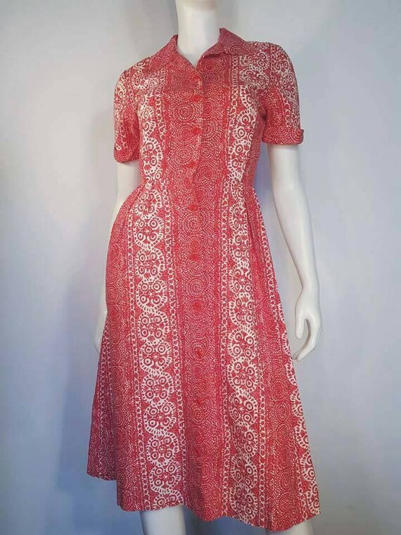 40s Cotton Day Dress | Size Small | Waist 26-27" |