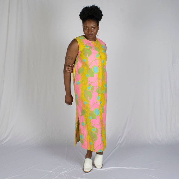 60s Pink & Yellow Maxi Dress | Size L | VTG Vinta… - image 1