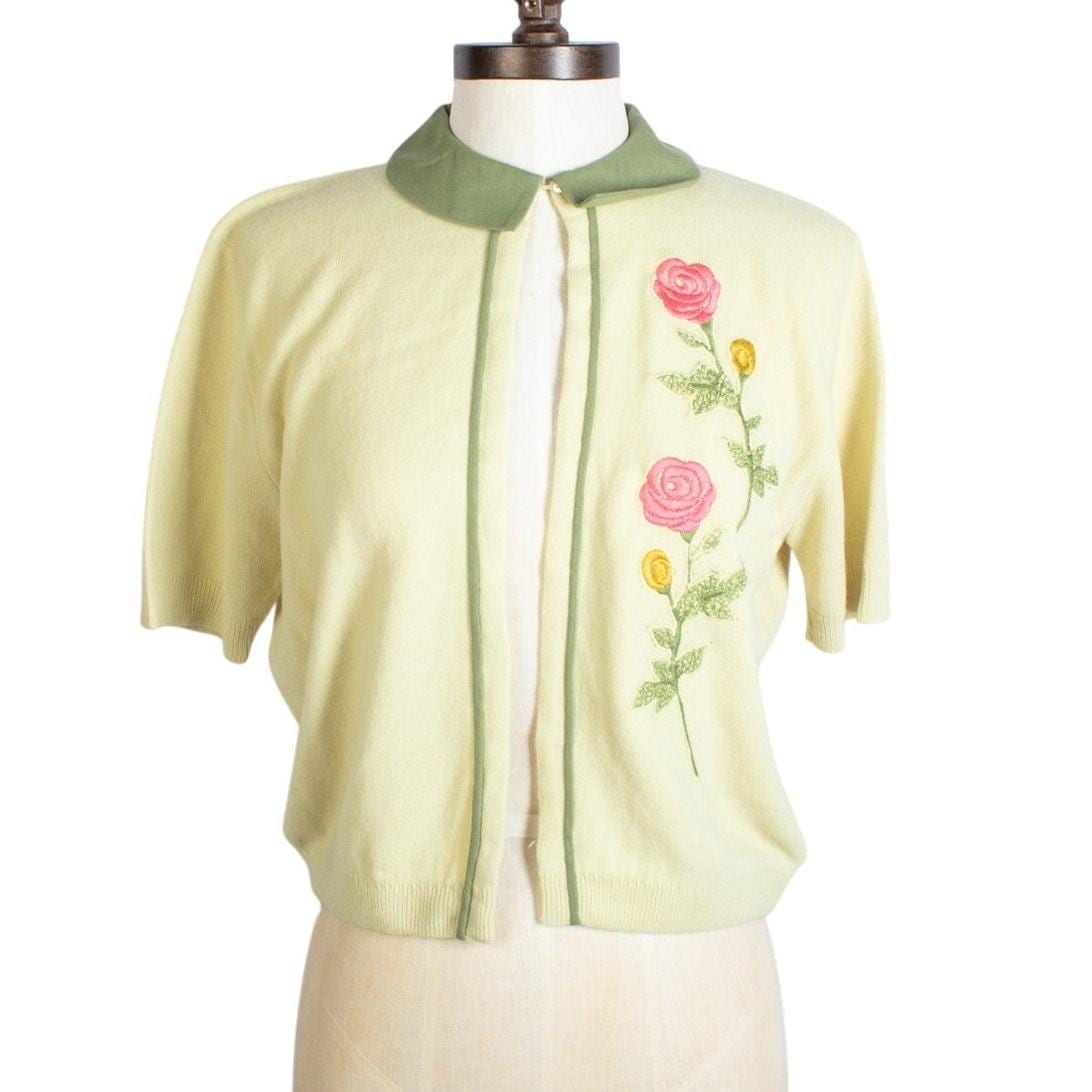1960s Cardigan Sweater | Short Sleeve | Embroidered Flowers