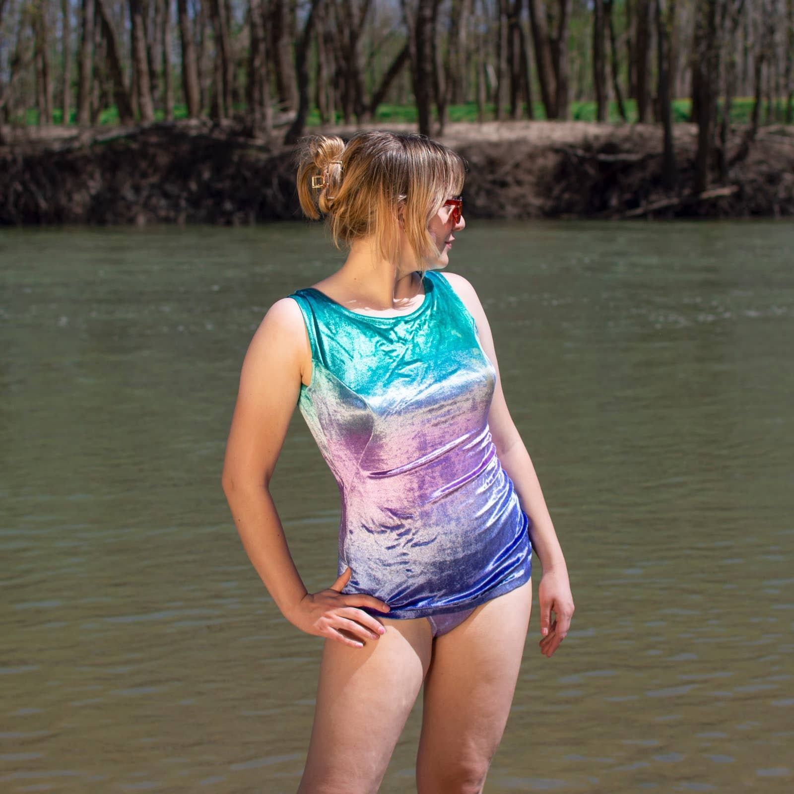 60s Deadstock Purple & Teal Swimsuit | Size M | VTG Vintage