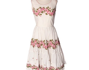 1950s White Dress with Pink Flowers | Full Skirt | Bust 34" | Vintage