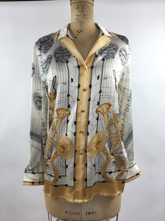 1980s White Silk Button-Down with Music Note Patte