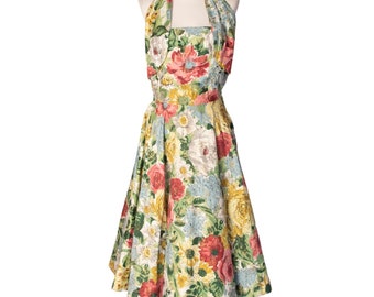 1950s Halter Floral Sun Dress | Bust 32" | Gold Tone Splatter | Extra Small | Vintage