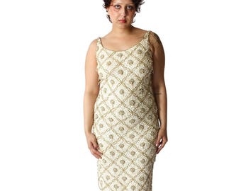 1960s Sequin Dress | Wiggle | Cream Beaded | Medium | Vintage