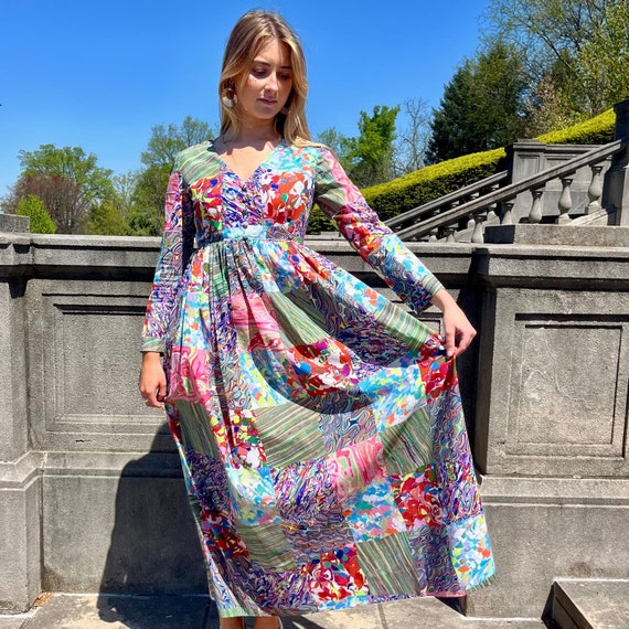 1960s Psychedelic Patchwork Pattern Maxi Dress | … - image 1
