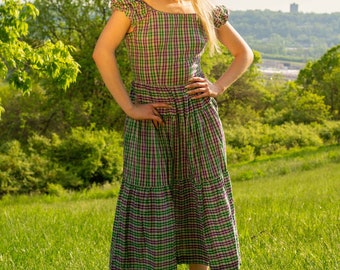 Plaid violet vert des années 40 sur la robe d’épaule | Taille moderne Petite | Buste 36 » | Taille-30 » | Millésime VTG