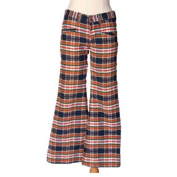 パンツ 40s 50s 60s vintage plaid flare pants 1960s Plaid Bell Bottoms | Waist 31 | Brown Navy Plaid Pants