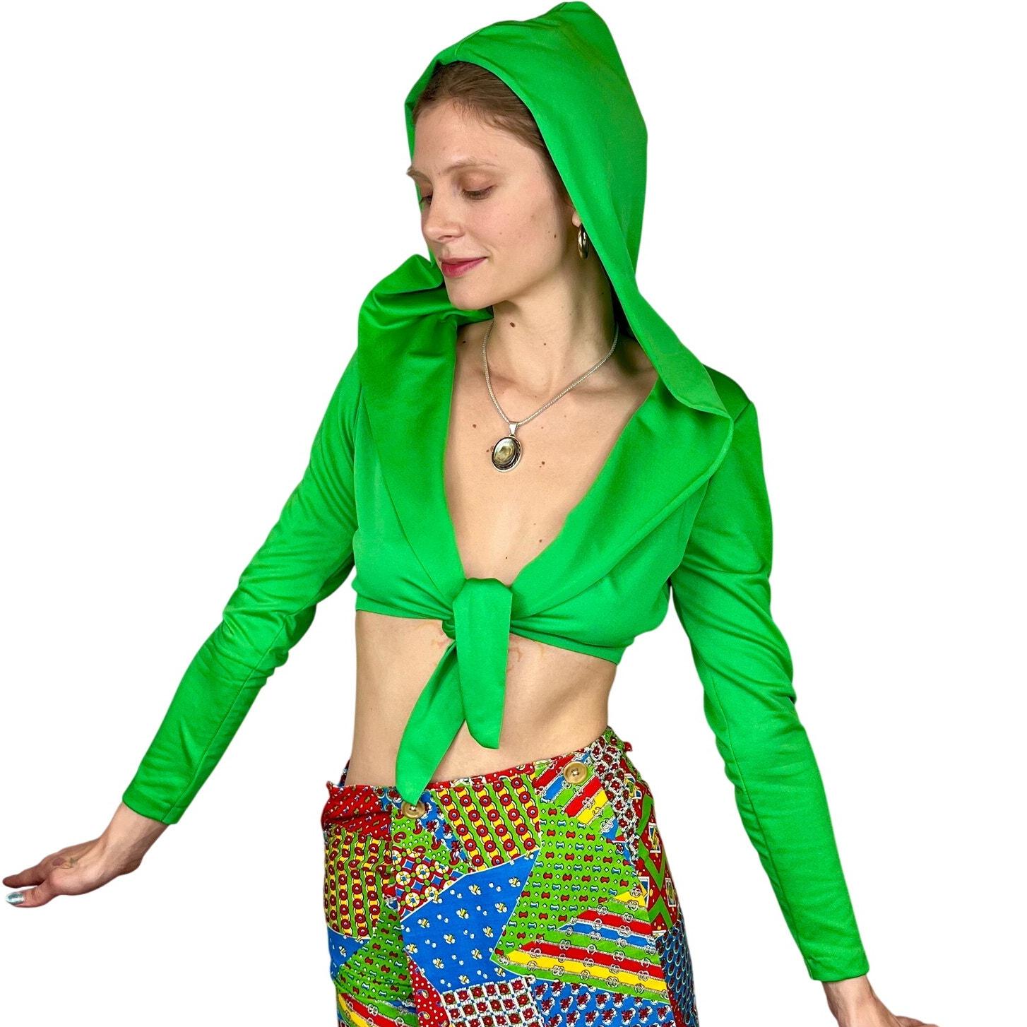70s Hooded Blouse | Small | Crop | Green | Vintage