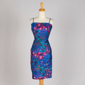 60s Blue & Pink Wiggle Dress | Size S | VTG Vintage