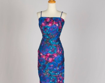 60s Blue & Pink Wiggle Dress | Size S | VTG Vintage