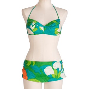 1960s Green Floral Swim Set | B Cup | Waist 36&quot; | Tie String | Hawaii | Vintage