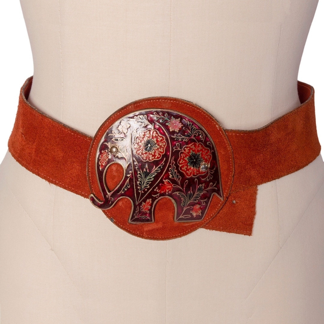 1970s Suede Elephant Buckle Belt | Length 34.5 display picture 2