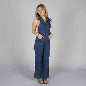 70s Halter Top Denim Jumpsuit | Inseam 28.5" | Modern Size Small | VTG Vintage