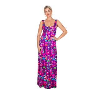 1970s Psychedelic Maxi Dress | Floral | Pink & Purple | Vintage