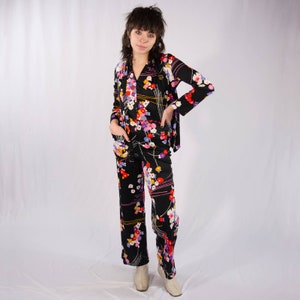 Vintage 70s Black & Floral Jumpsuit and Jacket Bust 30 Waist 27 image 1