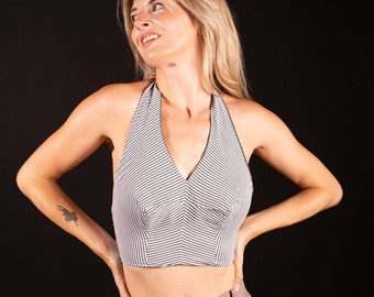 60s Gray and White Striped Halter-Top| Bust- 34 | Waistband- 27 | Vintage VTG