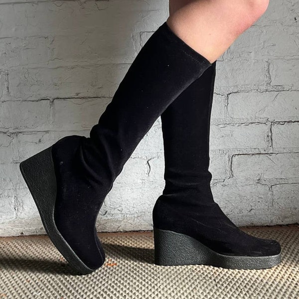 1990s Black Wedge Boots | Size 8 | Vintage VTG