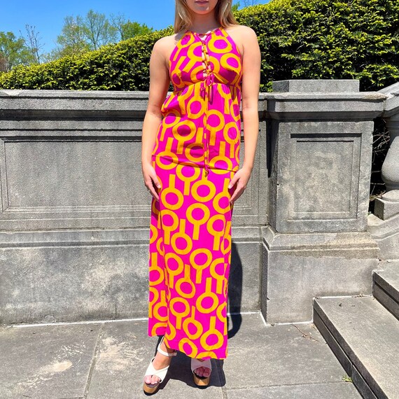 1970s 60s MOD Halter Maxi Dress | Hot Pink & Yellow | Printed Maxi | Vintage - Etsy 1970s 60s MOD Halter Maxi Dress | Hot Pink & Yellow | Printed Maxi | Vintage - Etsy