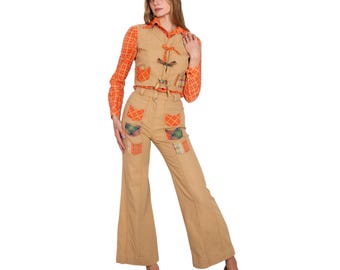 Bell Bottom-broekset jaren 70 | Driedelig | Bruin en oranje | Klein | Vintage