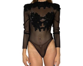 1990s Sheer Black Lace Bodysuit | Cache | Vintage