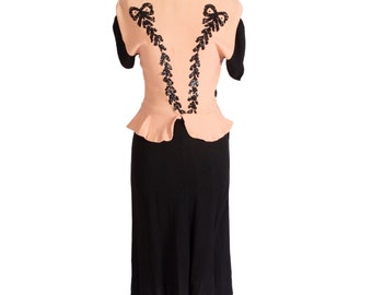 1940s Crepe Dress | Bust 30-36" | Black Sequins | Vintage
