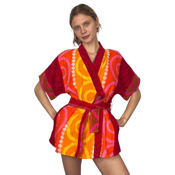 1960s Terrycloth Robe | Red, Orange & Pink | Beach Cover Up | Vintage