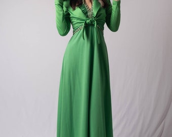 70s Green Hooded Gown | 2pcs | Small | VTG Vintage